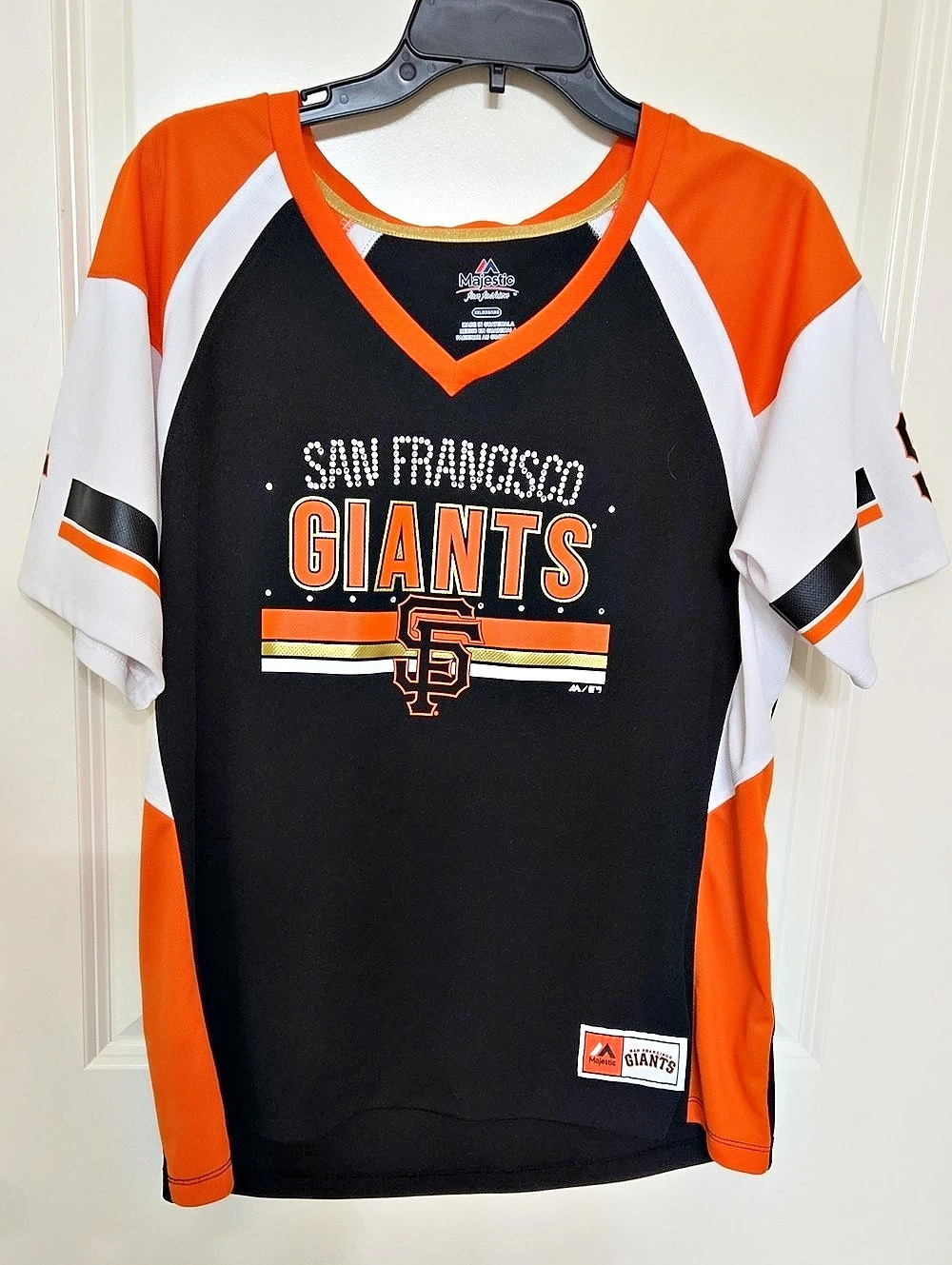 Majestic San Francisco Giants Rhinestone V-Neck T-Shirt Jersey Black & Orange